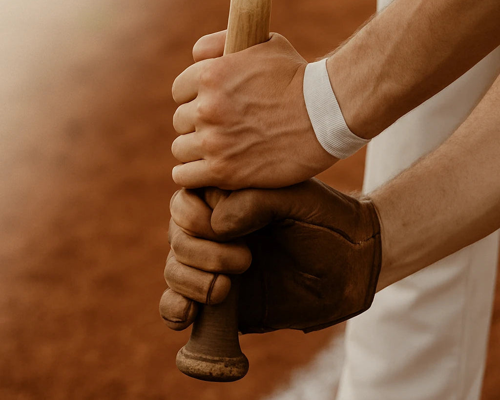 Close-up of a person holding a baseball bat and glove on a dirt field